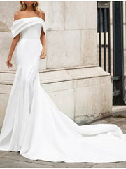 Mermaid / Trumpet Wedding Dresses Off Shoulder Court Train Satin Short Sleeve Romantic Plus Size Modern with Bow(s)
