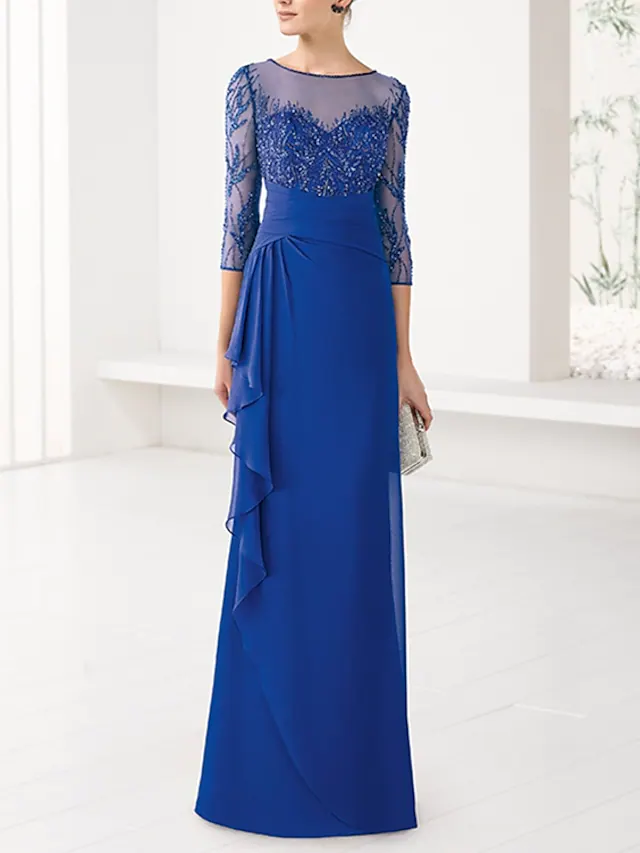 Sheath / Column Mother of the Bride Dress Elegant Jewel Neck Floor Length Chiffon Lace Tulle 3/4 Length Sleeve with Beading Appliques