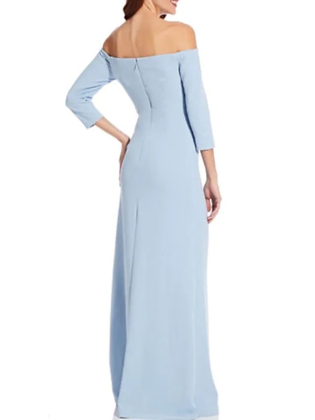 Sheath / Column Mother of the Bride Dress Elegant Off Shoulder Floor Length Satin 3/4 Length Sleeve with Split Front Ruching