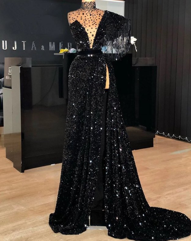 Black Robe De Soiree A-line High Collar Sequins Sparkle Beaded Slit Sexy Long Prom Dresses Prom Gown Evening Dresses