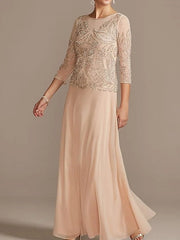 Sheath / Column Mother of the Bride Dress Elegant Jewel Neck Floor Length Chiffon Half Sleeve with Pleats Beading