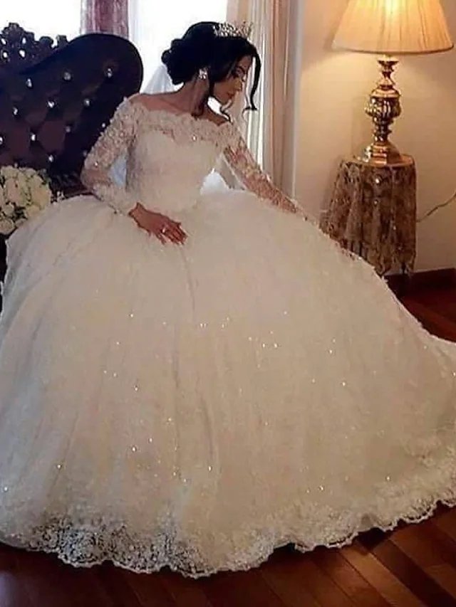 Princess Ball Gown Wedding Dresses Off Shoulder Floor Length Lace Tulle Long Sleeve Formal Romantic Luxurious Sparkle & Shine with Sequin Appliques