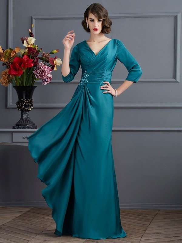 A-Line/Princess V-neck 3/4 Sleeves Beading Long Chiffon Mother of the Bride Dresses