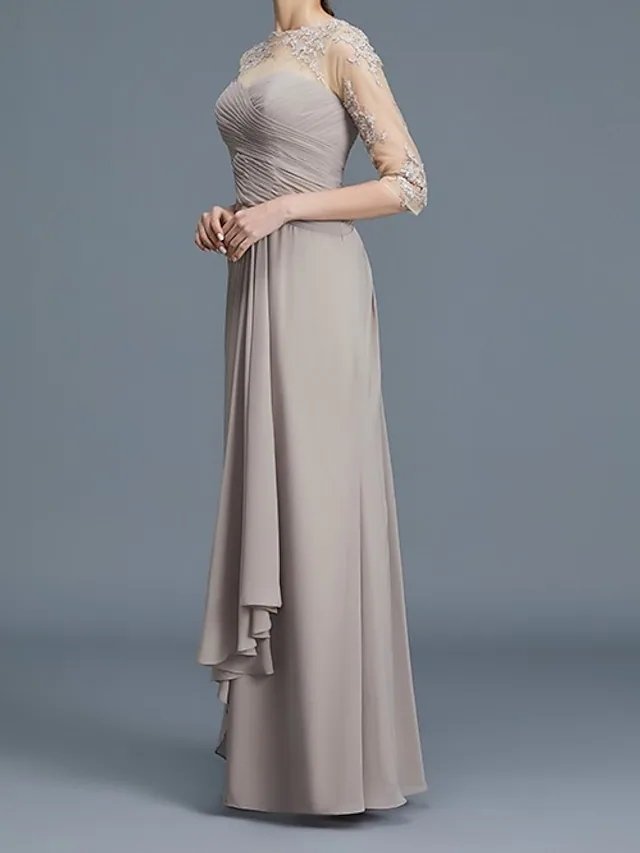 A-Line Mother of the Bride Dress Elegant Illusion Neck Floor Length Chiffon Lace 3/4 Length Sleeve with Lace Appliques Ruching