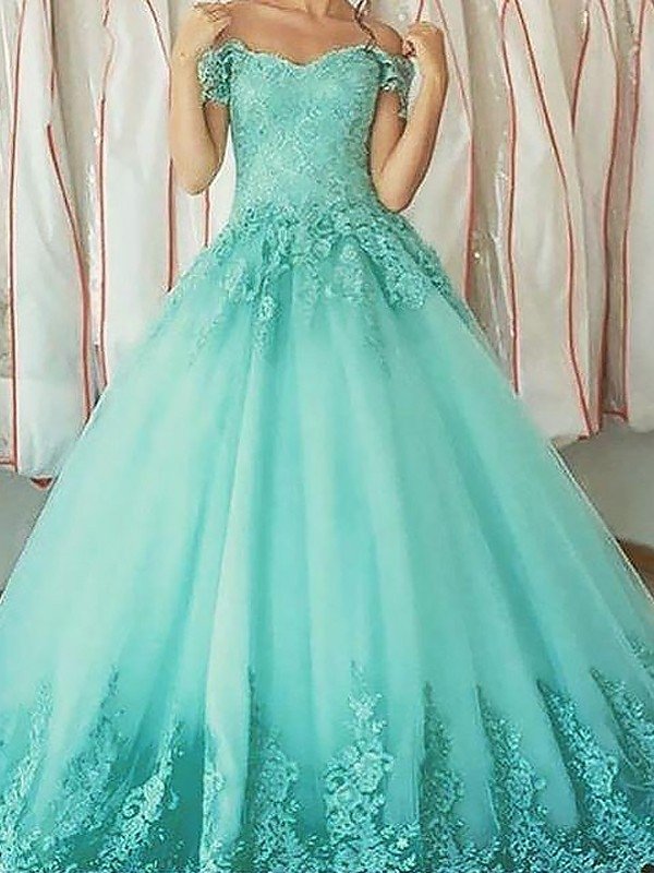 Ball Gown Sleeveless Off-the-Shoulder Applique Floor-Length Tulle Dresses