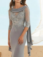Sheath / Column Mother of the Bride Dress Elegant Jewel Neck Floor Length Chiffon Lace Half Sleeve