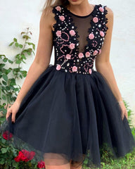 Short Black Tulle Homecoming Dresses With Pink Flowers