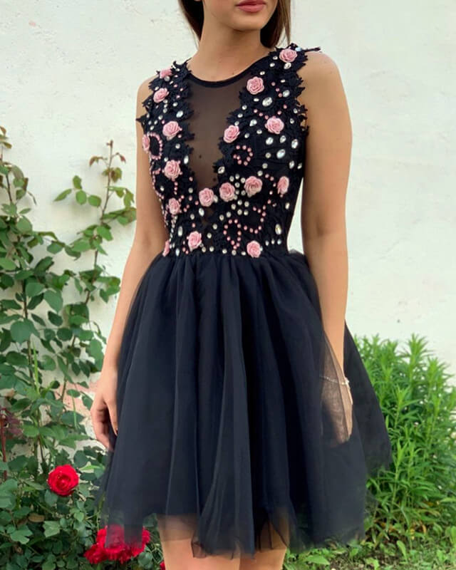 Short Black Tulle Homecoming Dresses With Pink Flowers