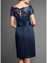 Sheath / Column Mother of the Bride Dress Elegant Off Shoulder Knee Length Chiffon Lace Tulle Short Sleeve with Lace Sequin