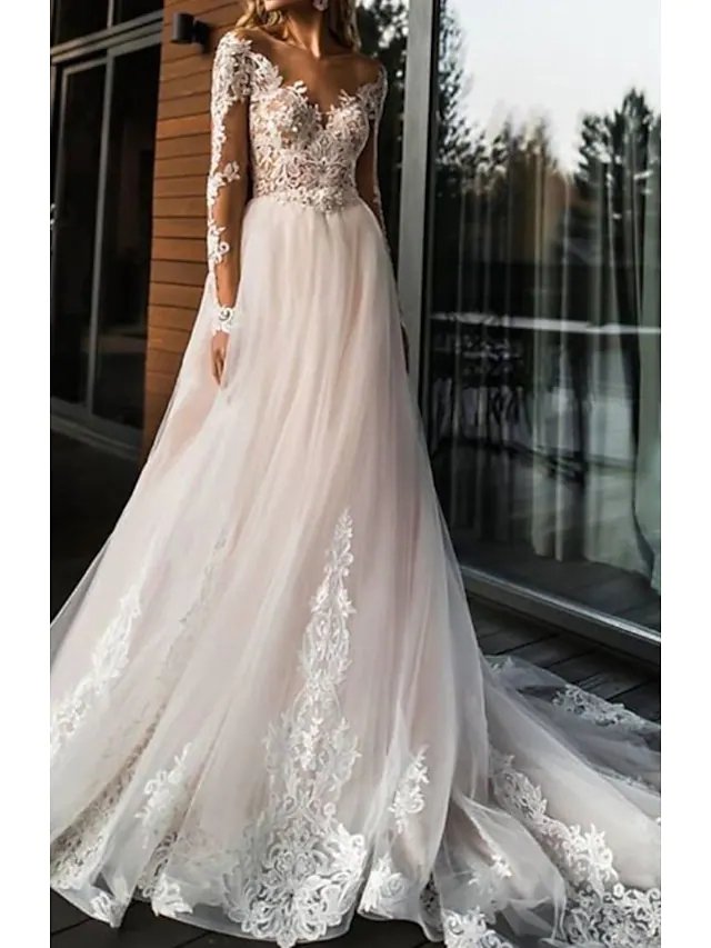 A-Line Wedding Dresses V Neck Sweep / Brush Train Lace Tulle Long Sleeve Romantic Boho Illusion Sleeve with Appliques