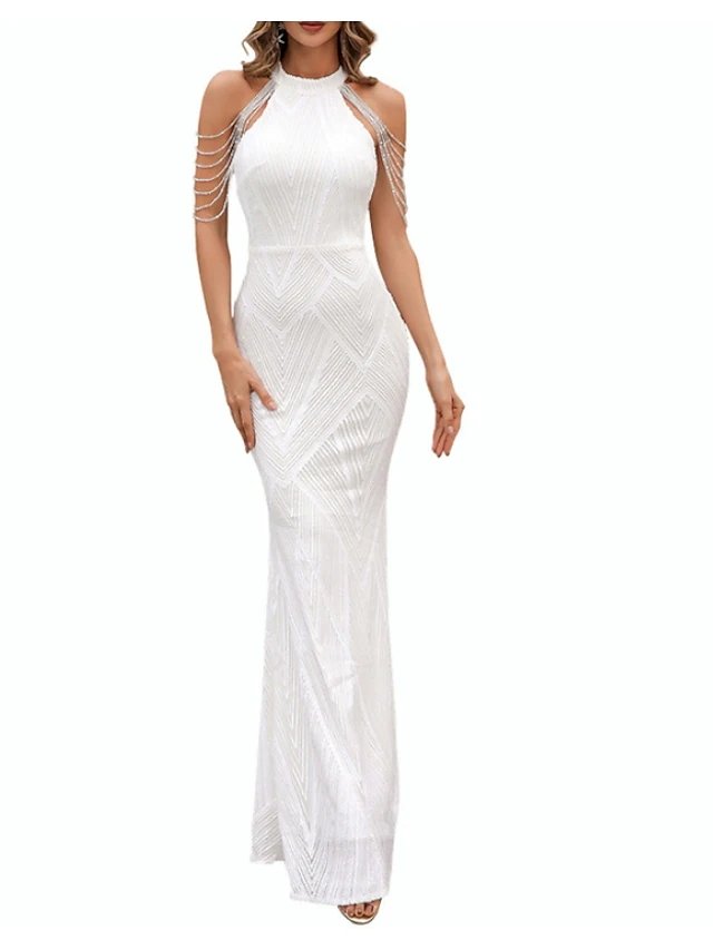 Sheath / Column Luxurious Sexy Party Wear Formal Evening Dress Halter Neck Sleeveless Floor Length Sequined Cotton with Sequin Tassel