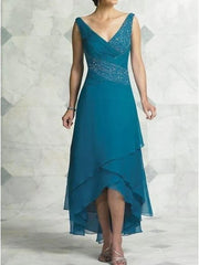 A-Line Mother of the Bride Dress Sexy V Neck Asymmetrical Chiffon Satin Sleeveless with Beading Tier