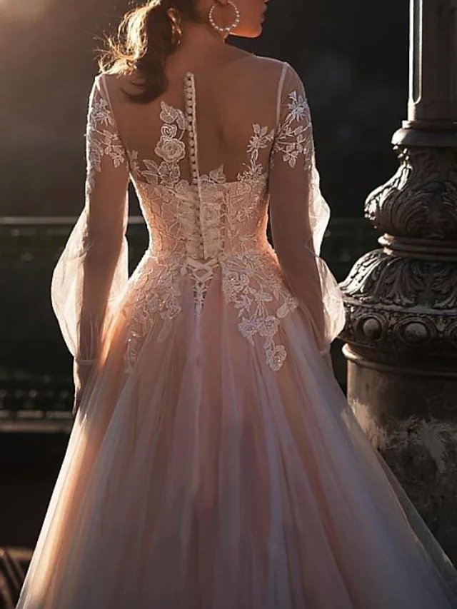 A-Line Wedding Dresses Jewel Neck Sweep / Brush Train Lace Tulle Long Sleeve Sexy Wedding Dress in Color See-Through with Embroidery Appliques