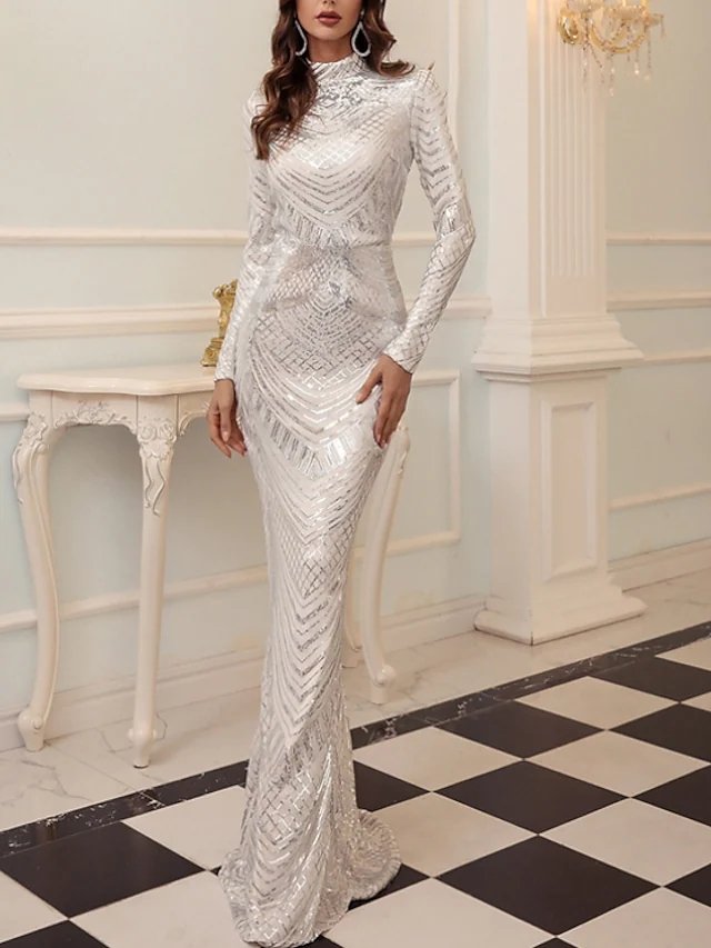 Sheath / Column Glittering Sparkle Party Wear Formal Evening Dress High Neck Long Sleeve Floor Length Sequined with Sequin