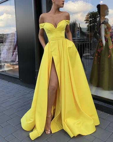 Sexy Split Prom Dresses Long Satin Off Shoulder Evening Gowns