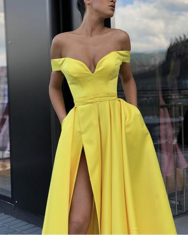 Sexy Split Prom Dresses Long Satin Off Shoulder Evening Gowns
