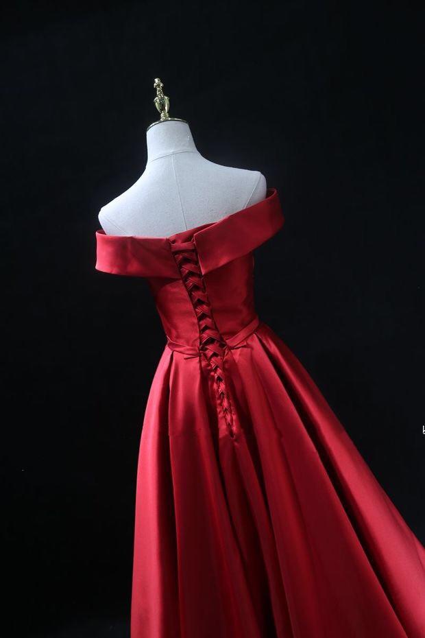 Long Red Satin Prom Dresses 2019 Off The Shoulder Evening Gowns