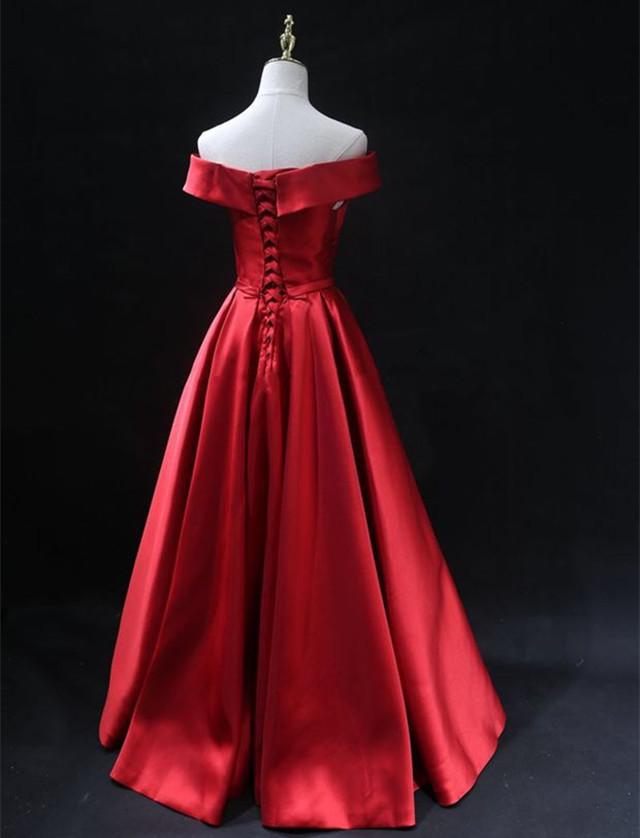 Long Red Satin Prom Dresses 2019 Off The Shoulder Evening Gowns