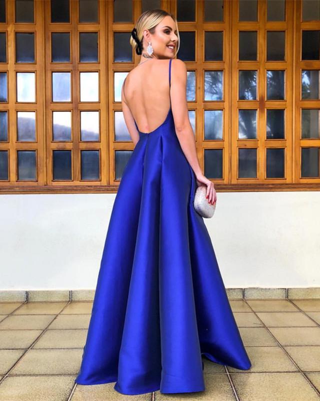 Long Satin Empire Evening Gowns V-neck Prom Dresses 2019