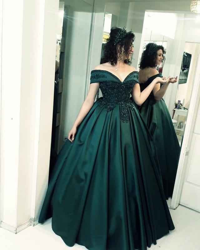 Lace Beaded Corset Off Shoulder Satin Ball Gowns Prom Dresses