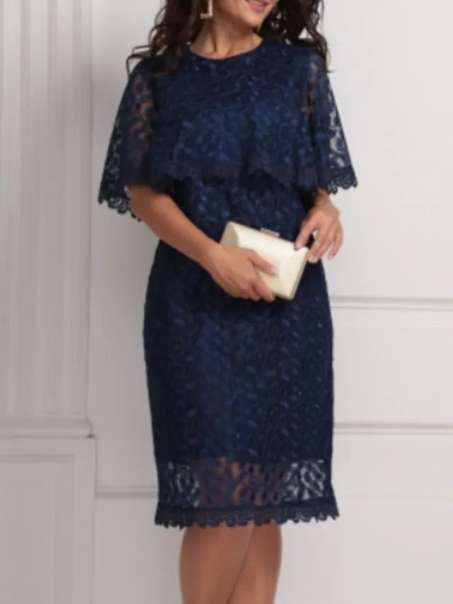 Sheath / Column Mother of the Bride Dress Elegant Jewel Neck Knee Length Lace Half Sleeve with Lace Appliques