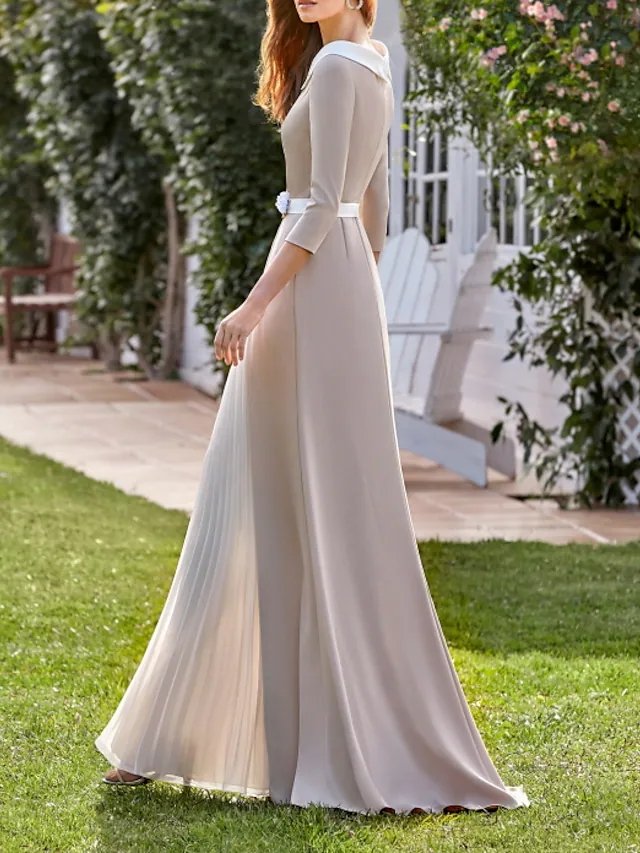 Sheath / Column Mother of the Bride Dress Elegant Jewel Neck Floor Length Chiffon Charmeuse 3/4 Length Sleeve with Sash / Ribbon Pleats Color Block