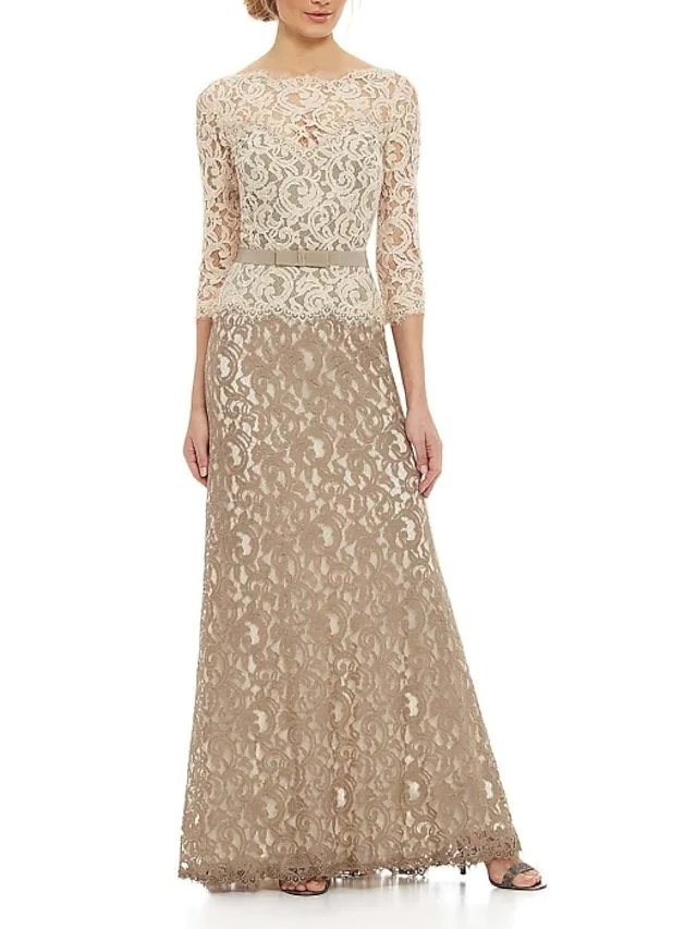 A-Line Mother of the Bride Dress Elegant Bateau Neck Floor Length Polyester 3/4 Length Sleeve with Sash / Ribbon Embroidery