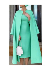 Two Piece Sheath / Column Mother of the Bride Dress Elegant Jewel Neck Knee Length Stretch Fabric Half Sleeve with Solid Color