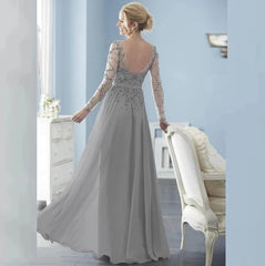 Silver Mother Of The Bride Dresses A-line Long Sleeves Chiffon Beaded Backless Plus Size Long Groom Mother Dresses Wedding