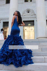Blue Robe De Soiree Mermaid V-neck Organza Ruffles Backless Sexy Plus Size Long Prom Dresses Prom Gown Evening Dresses