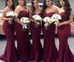 Burgundy Bridesmaid Dresses For Women Mermaid Sweetheart Lace Long Cheap Under 50 Wedding Party Dresses