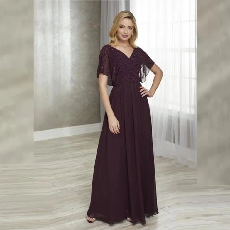 Brown Mother Of The Bride Dresses A-line V-neck Floor Length Chiffon Beaded Plus Size Long Groom Mother Dresses Wedding