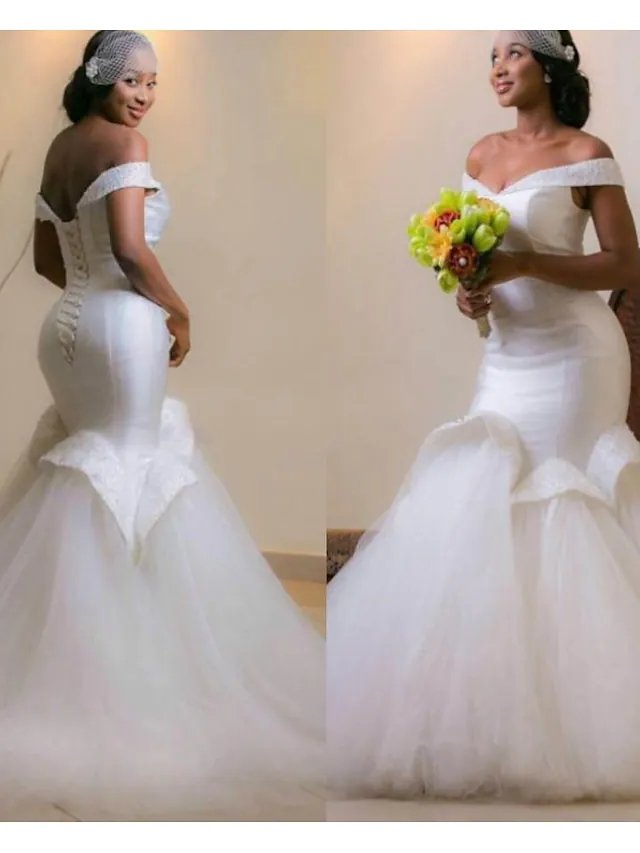 Mermaid / Trumpet Wedding Dresses Off Shoulder Court Train Satin Tulle Sleeveless Formal Sexy Luxurious Plus Size with Beading