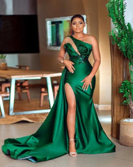 Green South African Prom Dresses Mermaid One-shoulder Appliques Slit Sexy Long Robe De Soiree Prom Gown Evening Dresses
