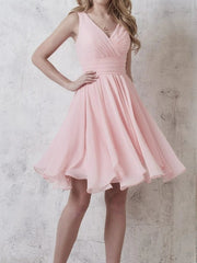 A-Line Plunging Neck Knee Length Chiffon Bridesmaid Dress with Ruching