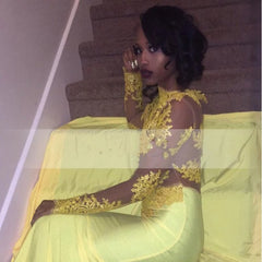 Yellow Robe De Soiree Mermaid Long Sleeves Appliques Sexy Long Women Party Prom Dresses Prom Gown Evening Dresses
