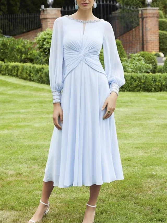 A-Line Mother of the Bride Dress Elegant Jewel Neck Knee Length Chiffon Long Sleeve with Pleats Beading