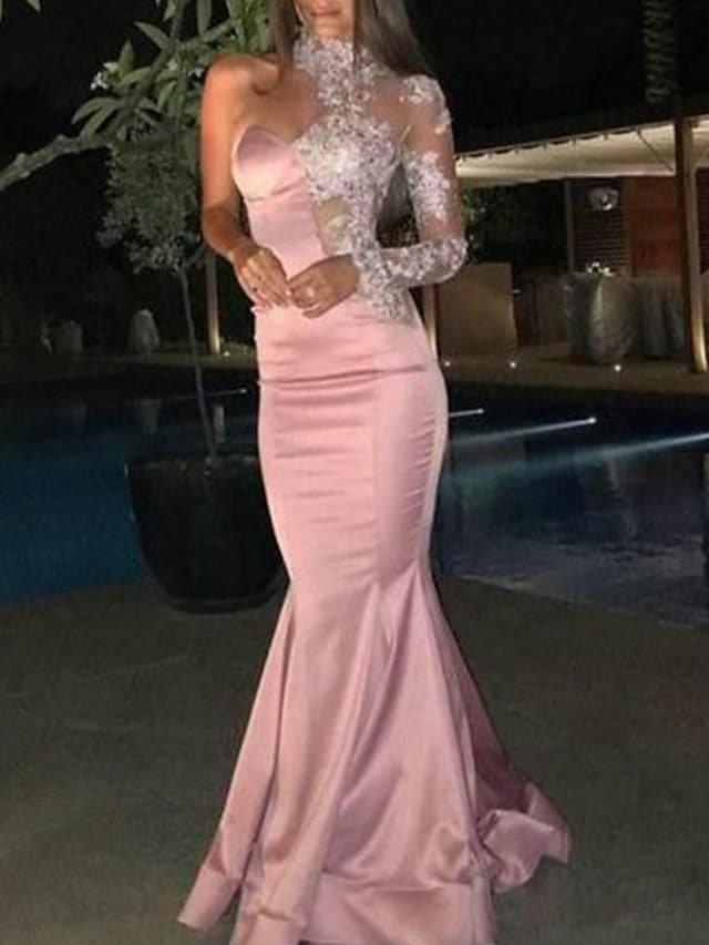 Mermaid / Trumpet Cut Out Sexy Engagement Formal Evening Dress High Neck Long Sleeve Floor Length Lace Satin with Appliques