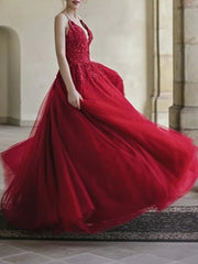 A-Line Luxurious Sexy Wedding Guest Prom Dress V Neck Spaghetti Strap Sleeveless Sweep / Brush Train Lace Tulle with Pleats