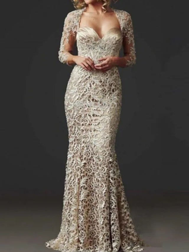 Mermaid / Trumpet Mother of the Bride Dress Elegant Sweetheart Neckline Floor Length Lace 3/4 Length Sleeve with Lace