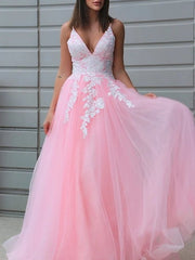 A-Line Empire Sexy Engagement Prom Dress V Neck Sleeveless Floor Length Lace Tulle with Appliques