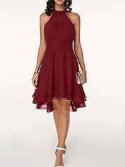A-Line Flirty Empire Engagement Cocktail Party Dress Halter Neck Sleeveless Knee Length Chiffon with Sleek Tier