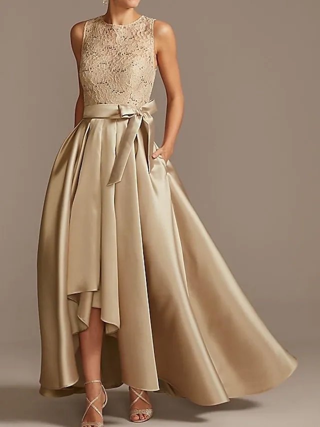 A-Line Mother of the Bride Dress Elegant Jewel Neck Asymmetrical Satin Sleeveless