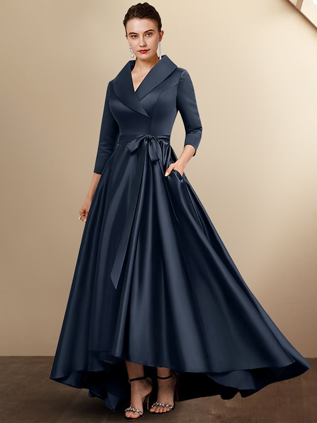 A-Line Mother of the Bride Dress Plus Size Elegant High Low Shirt Collar Asymmetrical Floor Length Satin