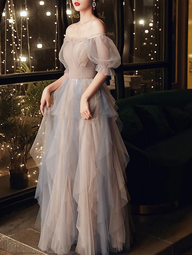 A-Line Color Block Elegant Wedding Guest Prom Dress Scoop Neck Half Sleeve Floor Length Tulle with Pleats Ruffles
