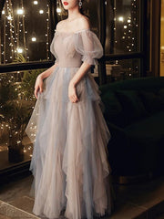 A-Line Color Block Elegant Wedding Guest Prom Dress Scoop Neck Half Sleeve Floor Length Tulle