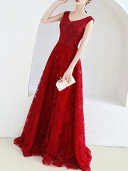 A-Line Elegant Floral Engagement Prom Dress V Neck Sleeveless Floor Length Lace Tulle with Appliques