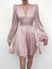 A-Line Minimalist Elegant Homecoming Cocktail Party Dress V Neck Long Sleeve Short / Mini Imitation Silk with Sleek