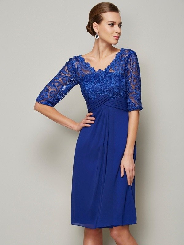 Sheath/Column V-neck 1/2 Sleeves Lace Short Chiffon Mother of the Bride Dresses