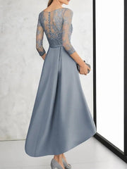 A-Line Mother of the Bride Dress Elegant V Neck Asymmetrical Lace Satin 3/4 Length Sleeve with Bow(s)